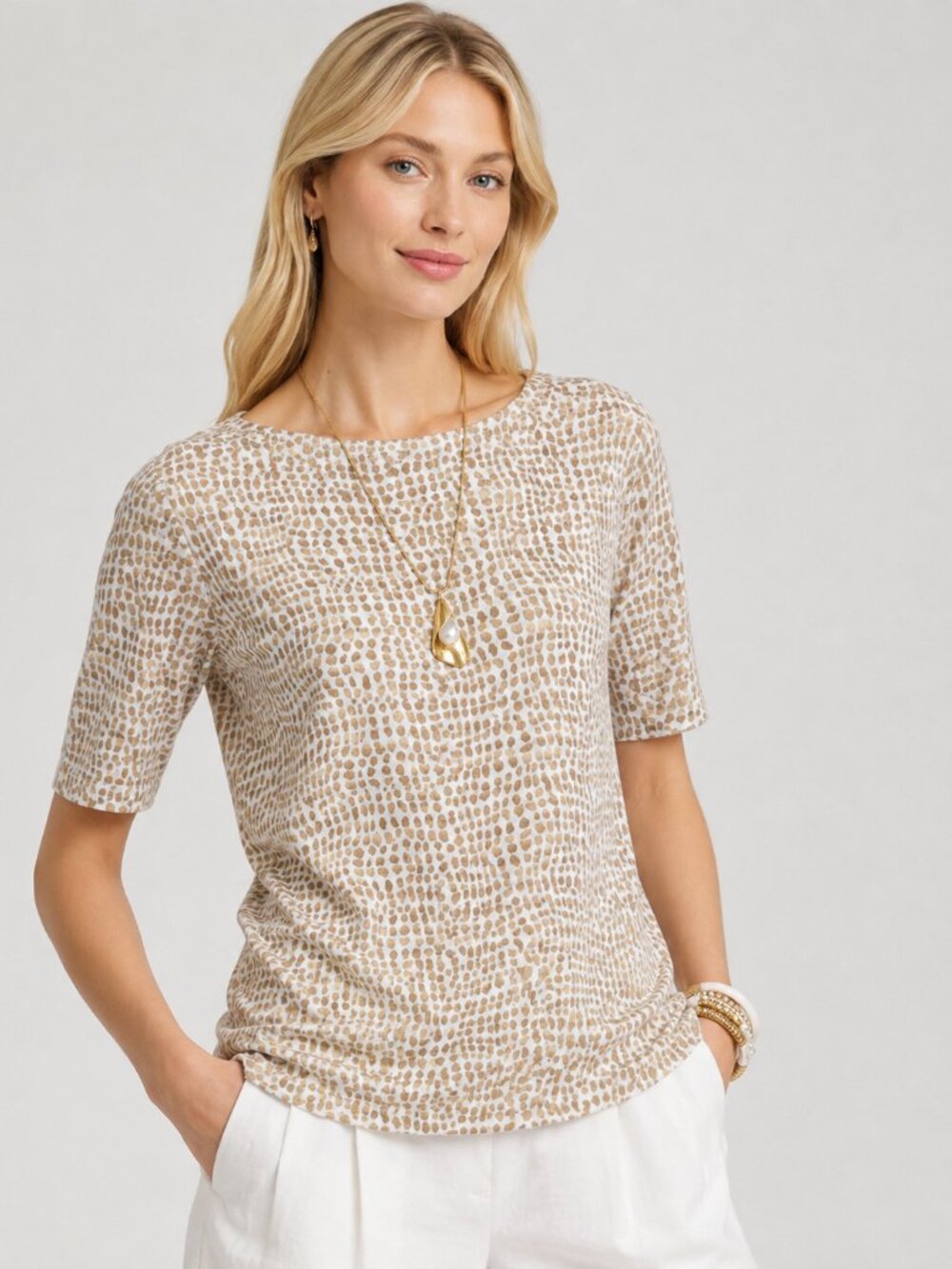 2/$30 NWT Chico's Polka-Dot Pima Bateau-Neck Tee Neutral XXL/ 20 #A4198